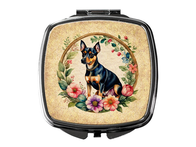 Miniature Pinscher and Flowers Compact Mirror Decorative Travel Makeup Mirror for Women Girls Gifts Pocket Makeup Mirror Folding Handheld