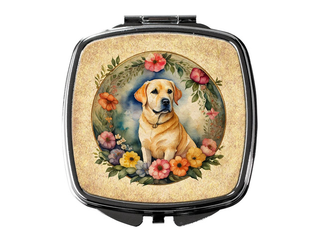 Yellow Labrador Retriever and Flowers Compact Mirror Decorative Travel Makeup Mirror for Women Girls Gifts Pocket Makeup Mirror Folding Handheld