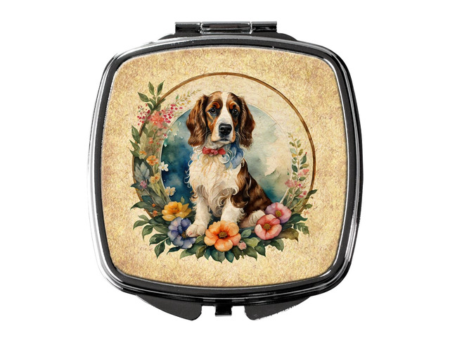 Welsh Springer Spaniel and Flowers Compact Mirror Decorative Travel Makeup Mirror for Women Girls Gifts Pocket Makeup Mirror Folding Handheld