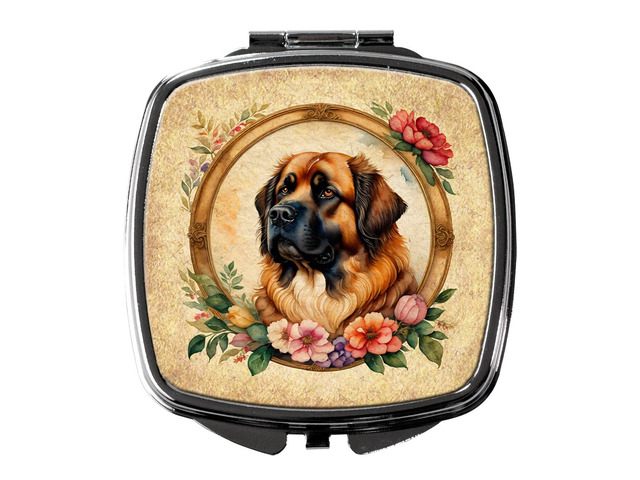 Leonberger and Flowers Compact Mirror Decorative Travel Makeup Mirror for Women Girls Gifts Pocket Makeup Mirror Folding Handheld