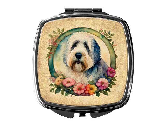 Old English Sheepdog and Flowers Compact Mirror Decorative Travel Makeup Mirror for Women Girls Gifts Pocket Makeup Mirror Folding Handheld