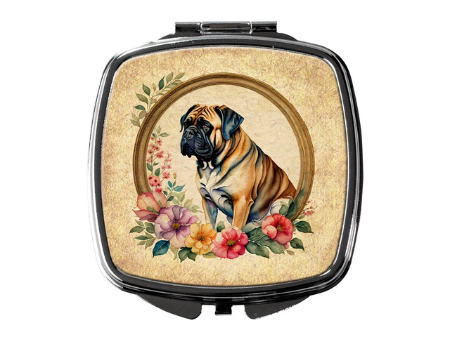 Mastiff and Flowers Compact Mirror Decorative Travel Makeup Mirror for Women Girls Gifts Pocket Makeup Mirror Folding Handheld