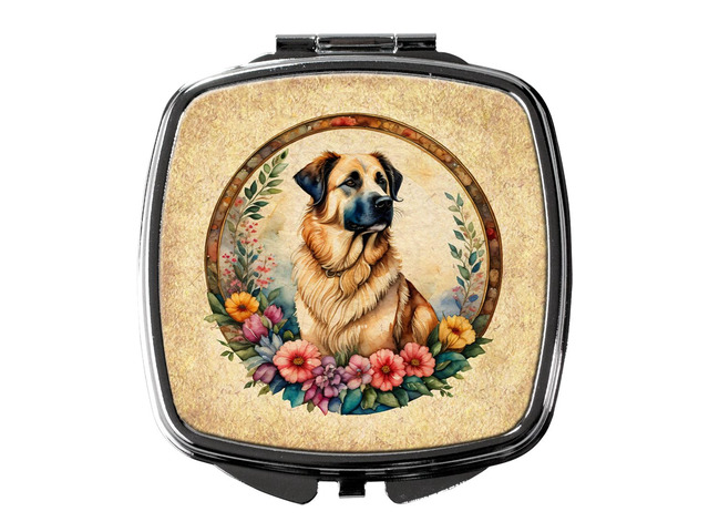 Anatolian Shepherd Dog and Flowers Compact Mirror Decorative Travel Makeup Mirror for Women Girls Gifts Pocket Makeup Mirror Folding Handheld