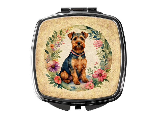 Welsh Terrier and Flowers Compact Mirror Decorative Travel Makeup Mirror for Women Girls Gifts Pocket Makeup Mirror Folding Handheld