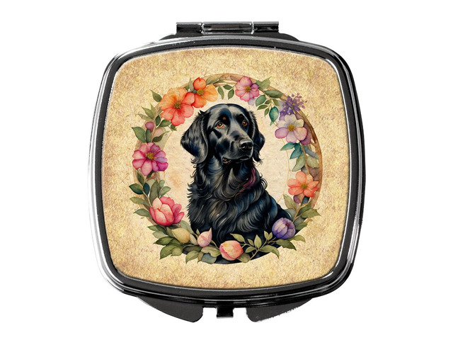 Flat-Coated Retriever and Flowers Compact Mirror Decorative Travel Makeup Mirror for Women Girls Gifts Pocket Makeup Mirror Folding Handheld