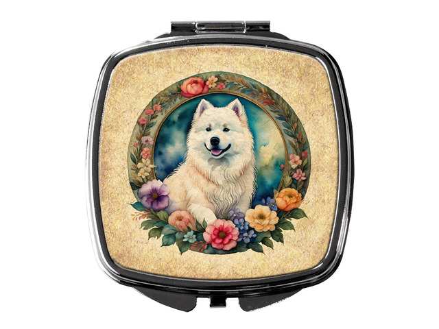 Samoyed and Flowers Compact Mirror Decorative Travel Makeup Mirror for Women Girls Gifts Pocket Makeup Mirror Folding Handheld