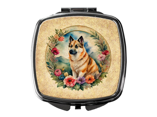 Norwegian Buhund and Flowers Compact Mirror Decorative Travel Makeup Mirror for Women Girls Gifts Pocket Makeup Mirror Folding Handheld