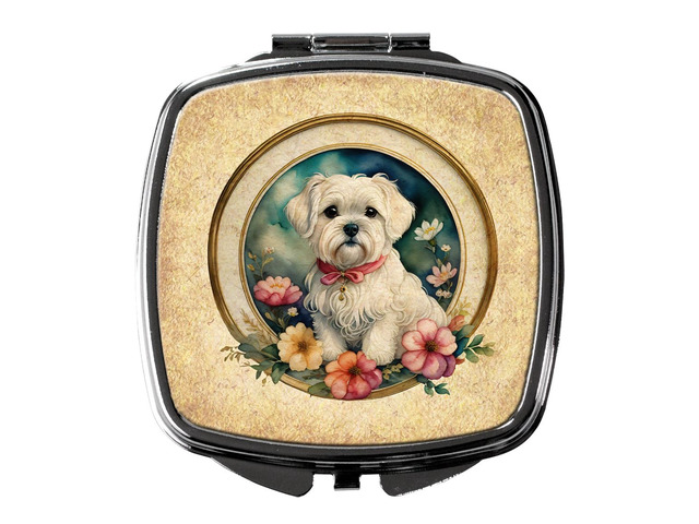 Maltese and Flowers Compact Mirror Decorative Travel Makeup Mirror for Women Girls Gifts Pocket Makeup Mirror Folding Handheld