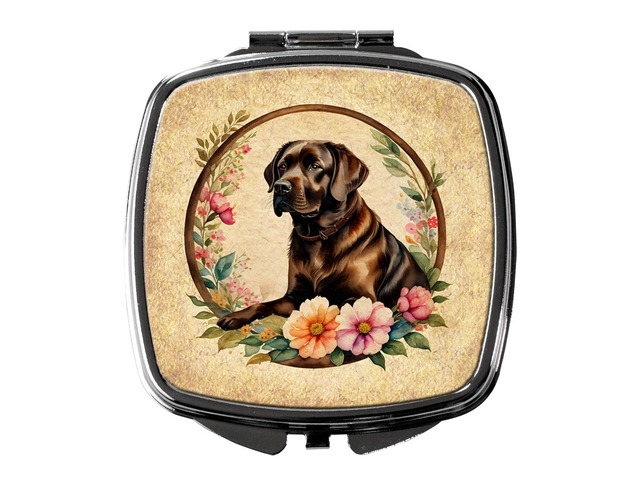 Chocolate Labrador Retriever and Flowers Compact Mirror Decorative Travel Makeup Mirror for Women Girls Gifts Pocket Makeup Mirror Folding Handheld