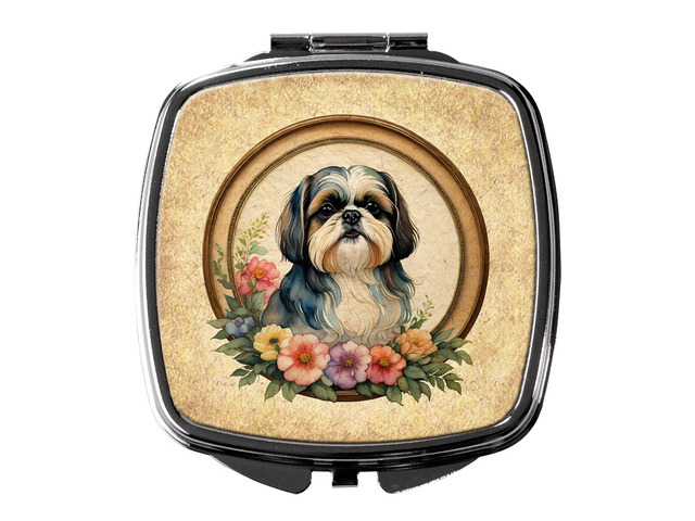 Shih Tzu and Flowers Compact Mirror Decorative Travel Makeup Mirror for Women Girls Gifts Pocket Makeup Mirror Folding Handheld
