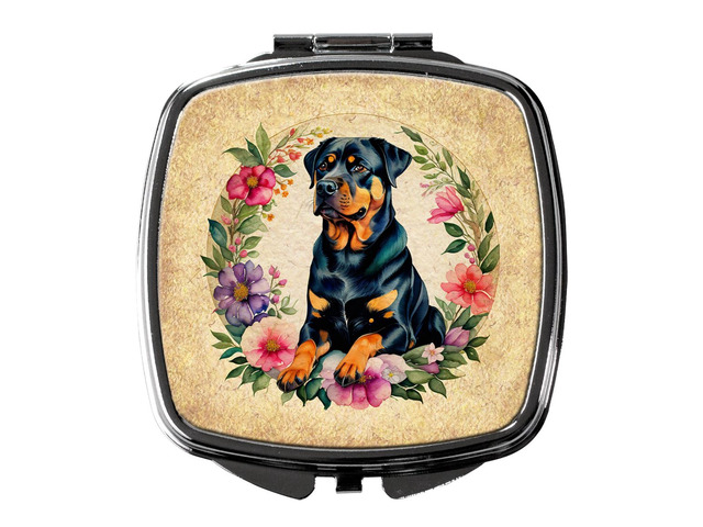 Rottweiler and Flowers Compact Mirror Decorative Travel Makeup Mirror for Women Girls Gifts Pocket Makeup Mirror Folding Handheld