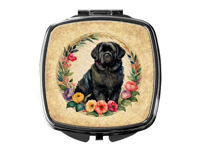 Newfoundland and Flowers Compact Mirror Decorative Travel Makeup Mirror for Women Girls Gifts Pocket Makeup Mirror Folding Handheld
