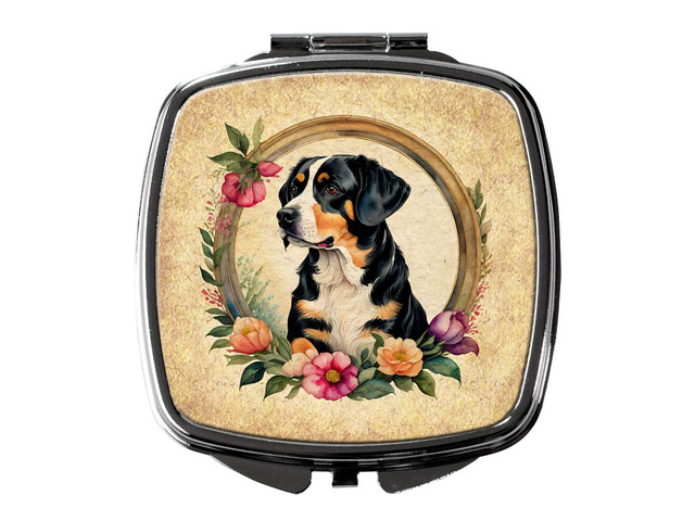 Entlebucher Mountain Dog and Flowers Compact Mirror Decorative Travel Makeup Mirror for Women Girls Gifts Pocket Makeup Mirror Folding Handheld