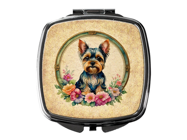 Yorkshire Terrier and Flowers Compact Mirror Decorative Travel Makeup Mirror for Women Girls Gifts Pocket Makeup Mirror Folding Handheld