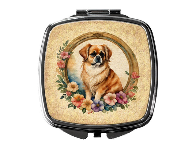 Tibetan Spaniel and Flowers Compact Mirror Decorative Travel Makeup Mirror for Women Girls Gifts Pocket Makeup Mirror Folding Handheld