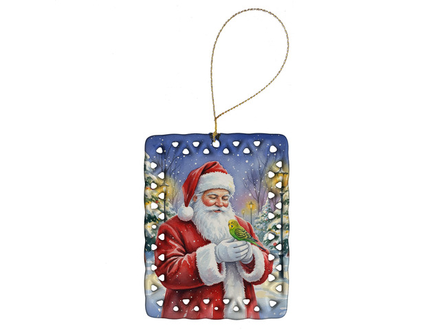 Budgerigar with Santa Claus Porcelain Ornament Christmas Tree Hanging Decorations for Home Christmas Holiday, Rectangle, Gift, Multicolor
