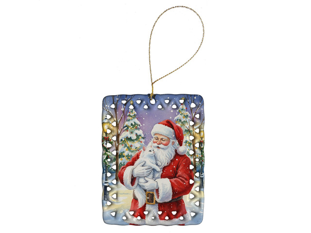 White Cat with Santa Claus Porcelain Ornament Christmas Tree Hanging Decorations for Home Christmas Holiday, Rectangle, Gift, Multicolor