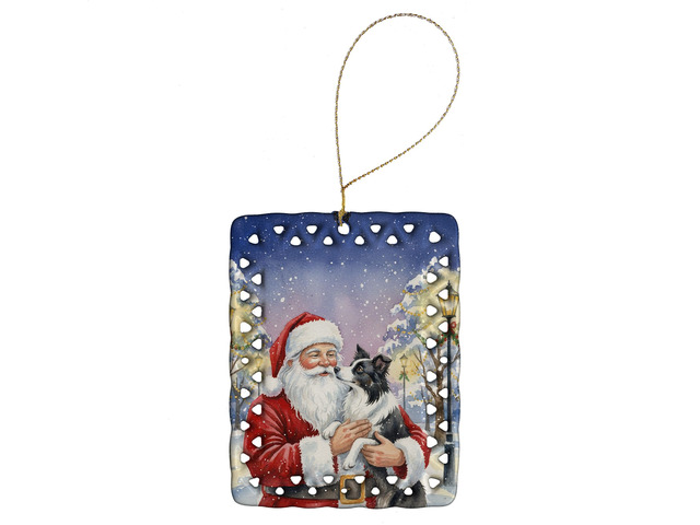 Border Collie with Santa Claus Porcelain Ornament Christmas Tree Hanging Decorations for Home Christmas Holiday, Rectangle, Gift, Multicolor