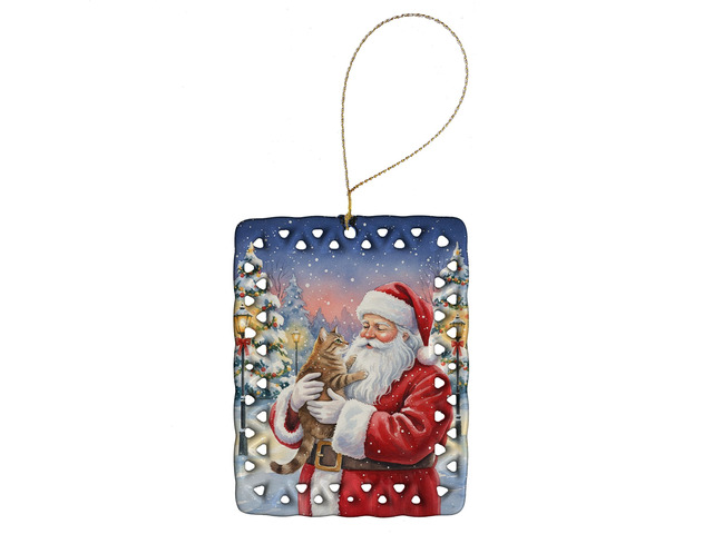 Ticked Tabby Brown Cat with Santa Claus Porcelain Ornament Christmas Tree Hanging Decorations for Home Christmas Holiday, Rectangle, Gift, Multicolor