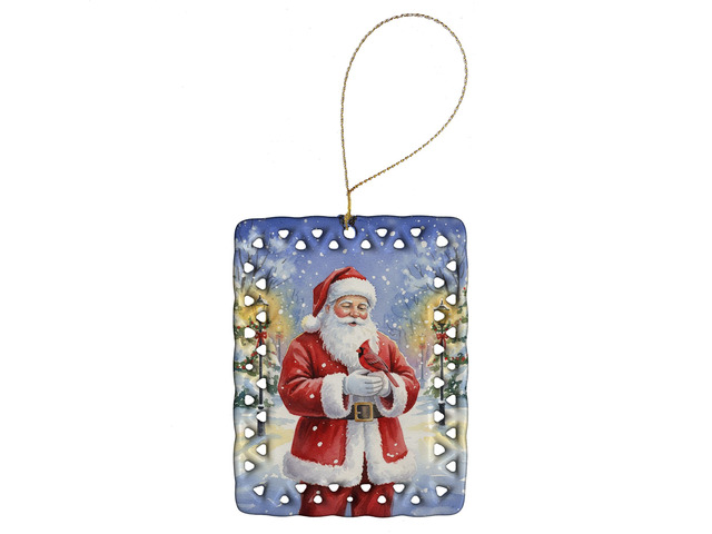Cardinal with Santa Claus Porcelain Ornament Christmas Tree Hanging Decorations for Home Christmas Holiday, Rectangle, Gift, Multicolor
