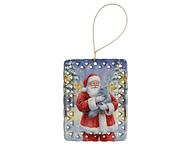 Persian Blue Cat with Santa Claus Porcelain Ornament Christmas Tree Hanging Decorations for Home Christmas Holiday, Rectangle, Gift, Multicolor