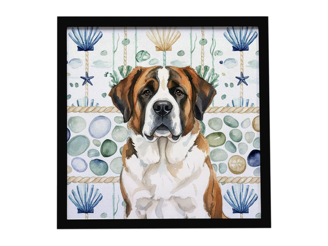Brindle and White Saint Bernard Coastal Sea Glass Framed Metal Print Bathroom, Kitchen, Office, Home Decor Wall Art Ready to Hang, Square, 8X8