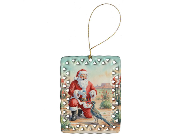 Santa Claus with a Roadrunner Christmas Porcelain Ornament Christmas Tree Hanging Decorations for Home Christmas Holiday, Rectangle, Gift, Multicolor