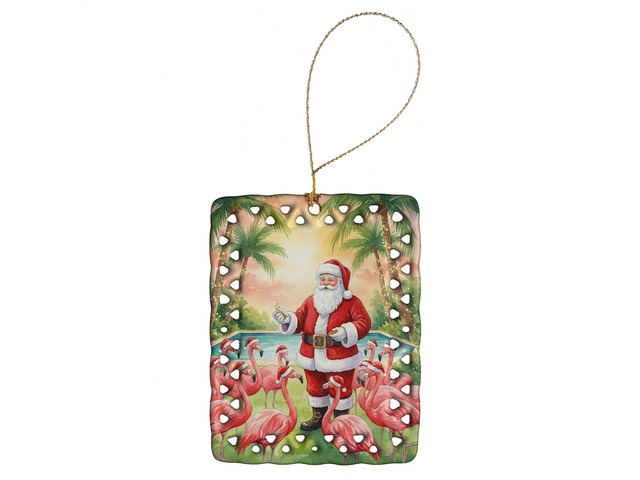 Santa Claus with Flamingos Christmas Porcelain Ornament Christmas Tree Hanging Decorations for Home Christmas Holiday, Rectangle, Gift, Multicolor