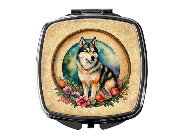 Alaskan Malamute and Flowers Compact Mirror Decorative Travel Makeup Mirror for Women Girls Gifts Pocket Makeup Mirror Folding Handheld