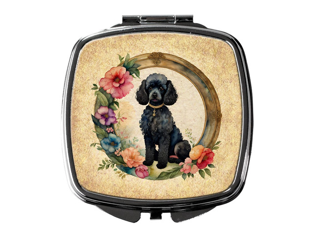 Black Poodle and Flowers Compact Mirror Decorative Travel Makeup Mirror for Women Girls Gifts Pocket Makeup Mirror Folding Handheld