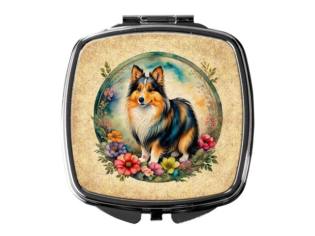 Sheltie and Flowers Compact Mirror Decorative Travel Makeup Mirror for Women Girls Gifts Pocket Makeup Mirror Folding Handheld