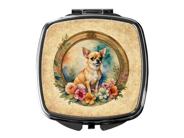 Chihuahua and Flowers Compact Mirror Decorative Travel Makeup Mirror for Women Girls Gifts Pocket Makeup Mirror Folding Handheld