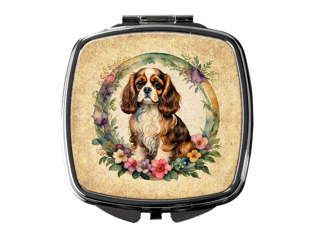 Cavalier Spaniel and Flowers Compact Mirror Decorative Travel Makeup Mirror for Women Girls Gifts Pocket Makeup Mirror Folding Handheld