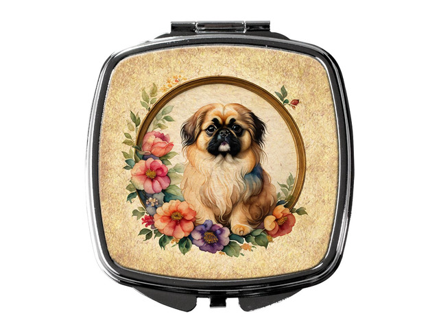Pekingese and Flowers Compact Mirror Decorative Travel Makeup Mirror for Women Girls Gifts Pocket Makeup Mirror Folding Handheld