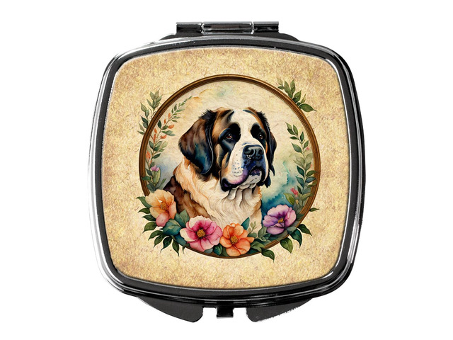 Saint Bernard and Flowers Compact Mirror Decorative Travel Makeup Mirror for Women Girls Gifts Pocket Makeup Mirror Folding Handheld