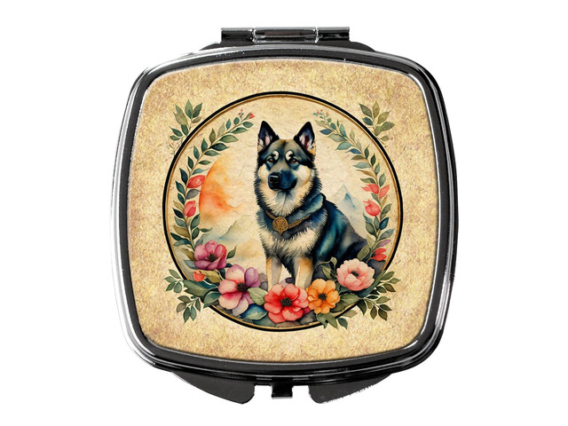 Norwegian Elkhound and Flowers Compact Mirror Decorative Travel Makeup Mirror for Women Girls Gifts Pocket Makeup Mirror Folding Handheld