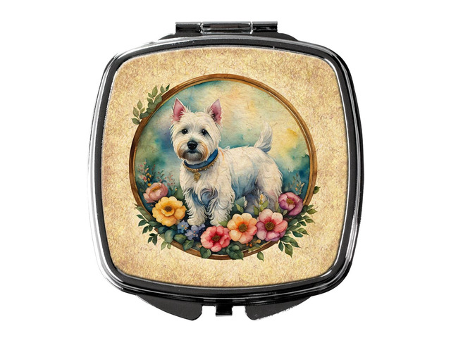 Westie and Flowers Compact Mirror Decorative Travel Makeup Mirror for Women Girls Gifts Pocket Makeup Mirror Folding Handheld