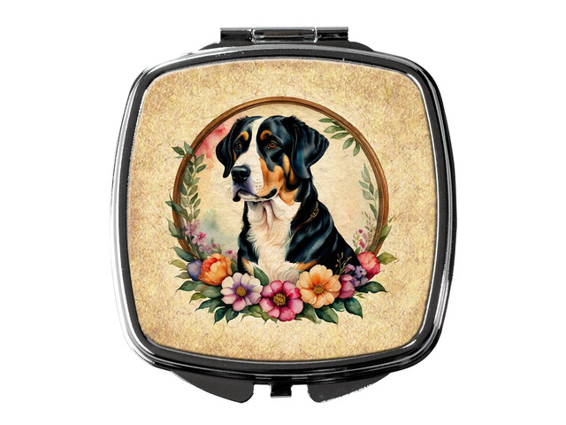 Greater Swiss Mountain Dog and Flowers Compact Mirror Decorative Travel Makeup Mirror for Women Girls Gifts Pocket Makeup Mirror Folding Handheld