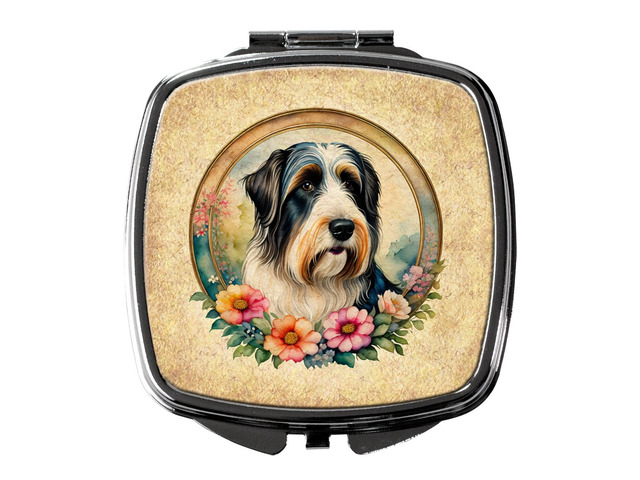 Bearded Collie and Flowers Compact Mirror Decorative Travel Makeup Mirror for Women Girls Gifts Pocket Makeup Mirror Folding Handheld