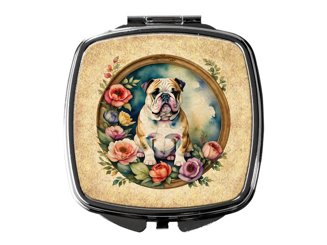 English Bulldog and Flowers Compact Mirror Decorative Travel Makeup Mirror for Women Girls Gifts Pocket Makeup Mirror Folding Handheld