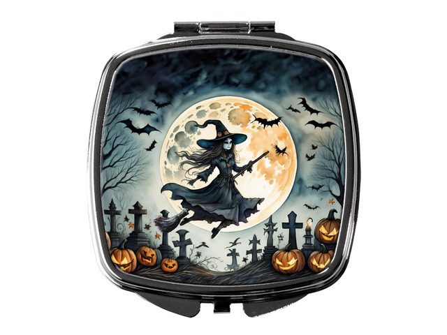 Flying Witch Spooky Halloween Compact Mirror Decorative Travel Makeup Mirror for Women Girls Gifts Pocket Makeup Mirror Folding Handheld