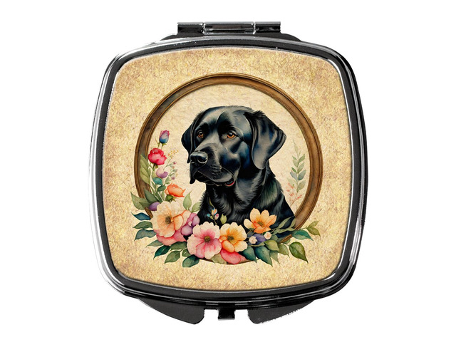 Black Labrador Retriever and Flowers Compact Mirror Decorative Travel Makeup Mirror for Women Girls Gifts Pocket Makeup Mirror Folding Handheld