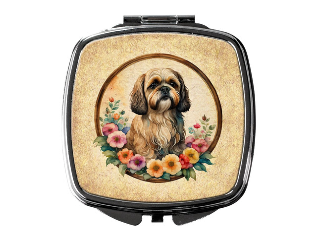 Lhasa Apso and Flowers Compact Mirror Decorative Travel Makeup Mirror for Women Girls Gifts Pocket Makeup Mirror Folding Handheld