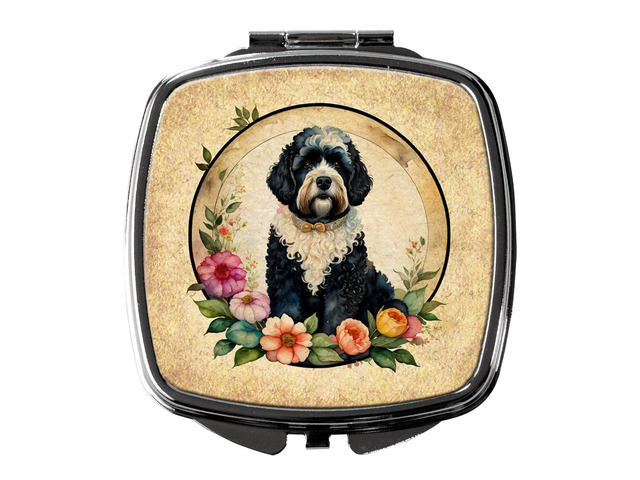 Portuguese Water Dog and Flowers Compact Mirror Decorative Travel Makeup Mirror for Women Girls Gifts Pocket Makeup Mirror Folding Handheld