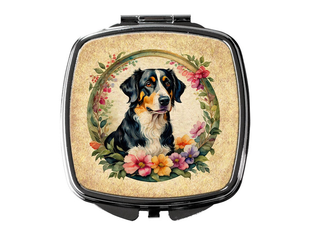 Appenzeller Sennenhund and Flowers Compact Mirror Decorative Travel Makeup Mirror for Women Girls Gifts Pocket Makeup Mirror Folding Handheld