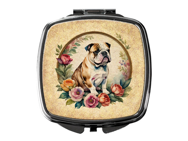 English Bulldog and Flowers Compact Mirror Decorative Travel Makeup Mirror for Women Girls Gifts Pocket Makeup Mirror Folding Handheld