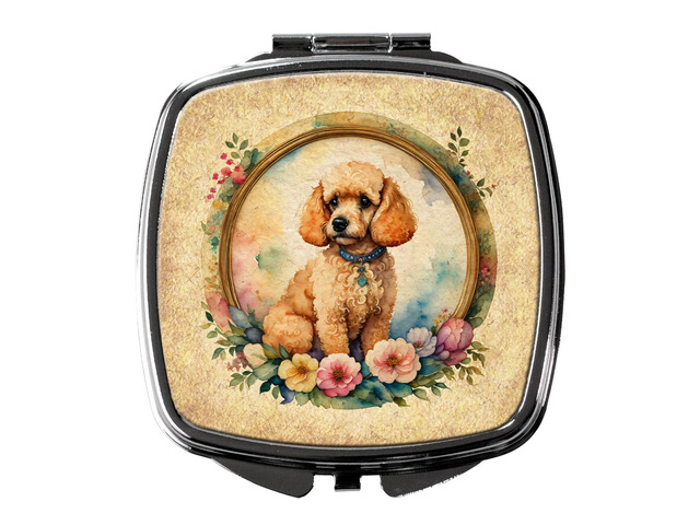 Poodle and Flowers Compact Mirror Decorative Travel Makeup Mirror for Women Girls Gifts Pocket Makeup Mirror Folding Handheld