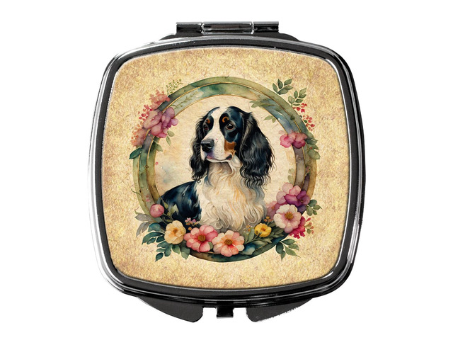 English Springer Spaniel and Flowers Compact Mirror Decorative Travel Makeup Mirror for Women Girls Gifts Pocket Makeup Mirror Folding Handheld