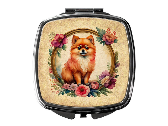 Pomeranian and Flowers Compact Mirror Decorative Travel Makeup Mirror for Women Girls Gifts Pocket Makeup Mirror Folding Handheld