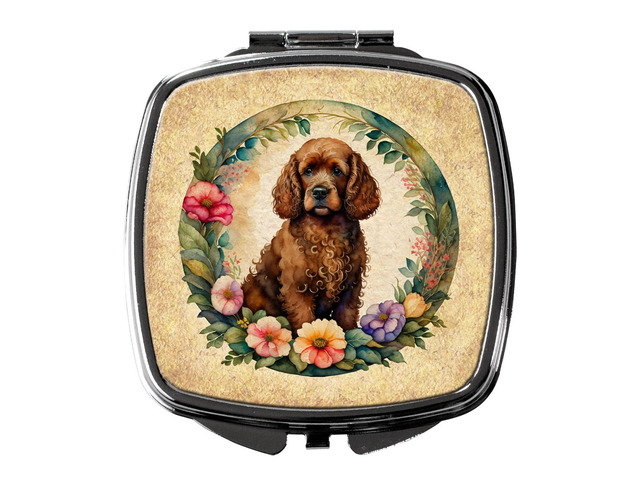 Irish Water Spaniel and Flowers Compact Mirror Decorative Travel Makeup Mirror for Women Girls Gifts Pocket Makeup Mirror Folding Handheld